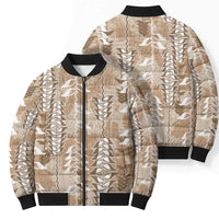 Beige Hawaii Tapa Pattern Bomber Puffer Jacket With Heliconia Vintage Style