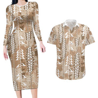 Beige Hawaii Tapa Pattern Couples Matching Long Sleeve Bodycon Dress and Hawaiian Shirt With Heliconia Vintage Style