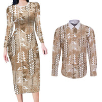 Beige Hawaii Tapa Pattern Couples Matching Long Sleeve Bodycon Dress and Long Sleeve Button Shirt With Heliconia Vintage Style