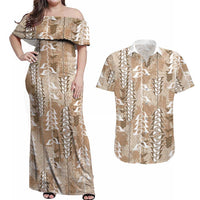 Beige Hawaii Tapa Pattern Couples Matching Off Shoulder Maxi Dress and Hawaiian Shirt With Heliconia Vintage Style