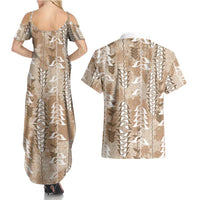Beige Hawaii Tapa Pattern Couples Matching Summer Maxi Dress and Hawaiian Shirt With Heliconia Vintage Style