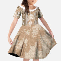 Beige Hawaii Tapa Pattern Family Matching Long Sleeve Bodycon Dress and Hawaiian Shirt With Heliconia Vintage Style LT05 Daughter's Dress Beige - Polynesian Pride