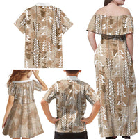 Beige Hawaii Tapa Pattern Family Matching Off Shoulder Maxi Dress and Hawaiian Shirt With Heliconia Vintage Style LT05 - Polynesian Pride