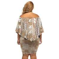 Beige Hawaii Tapa Pattern Family Matching Off Shoulder Short Dress and Hawaiian Shirt With Heliconia Vintage Style LT05 - Polynesian Pride