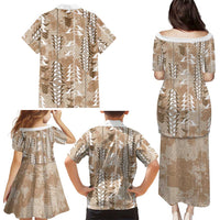 Beige Hawaii Tapa Pattern Family Matching Puletasi and Hawaiian Shirt With Heliconia Vintage Style