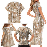 Beige Hawaii Tapa Pattern Family Matching Short Sleeve Bodycon Dress and Hawaiian Shirt With Heliconia Vintage Style LT05 - Polynesian Pride