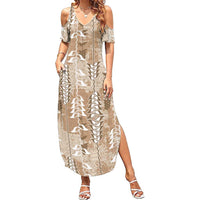 Beige Hawaii Tapa Pattern Family Matching Summer Maxi Dress and Hawaiian Shirt With Heliconia Vintage Style LT05 Mom's Dress Beige - Polynesian Pride
