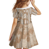 Beige Hawaii Tapa Pattern Kid Short Sleeve Dress With Heliconia Vintage Style