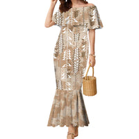 Beige Hawaii Tapa Pattern Mermaid Dress With Heliconia Vintage Style