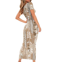 Beige Hawaii Tapa Pattern Short Sleeve Bodycon Dress With Heliconia Vintage Style