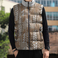 Beige Hawaii Tapa Pattern Sleeveless Puffer Jacket With Heliconia Vintage Style