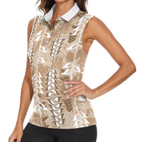 Beige Hawaii Tapa Pattern Women Sleeveless Polo Shirt With Heliconia Vintage Style
