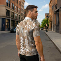 Beige Hawaii Tapa Pattern Zipper Polo Shirt With Heliconia Vintage Style