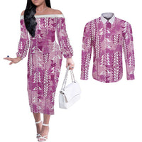Magenta Hawaii Tapa Pattern Couples Matching Off The Shoulder Long Sleeve Dress and Long Sleeve Button Shirt With Heliconia Vintage Style