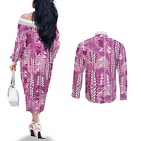 Magenta Hawaii Tapa Pattern Couples Matching Off The Shoulder Long Sleeve Dress and Long Sleeve Button Shirt With Heliconia Vintage Style
