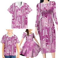 Magenta Hawaii Tapa Pattern Family Matching Long Sleeve Bodycon Dress and Hawaiian Shirt With Heliconia Vintage Style LT05 - Polynesian Pride