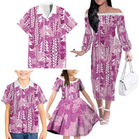 Magenta Hawaii Tapa Pattern Family Matching Off The Shoulder Long Sleeve Dress and Hawaiian Shirt With Heliconia Vintage Style LT05 - Polynesian Pride