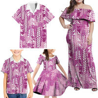 Magenta Hawaii Tapa Pattern Family Matching Off Shoulder Maxi Dress and Hawaiian Shirt With Heliconia Vintage Style LT05 - Polynesian Pride