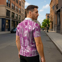 Magenta Hawaii Tapa Pattern Zipper Polo Shirt With Heliconia Vintage Style