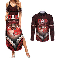 Personalised Tonga Happy Father's Day Couples Matching Summer Maxi Dress and Long Sleeve Button Shirt Ofa Lahi Atu Dad Polynesian Tribal LT05 Red - Polynesian Pride
