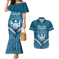 Personalised Fiji Happy Father's Day Couples Matching Mermaid Dress and Hawaiian Shirt Au Lomani Iko Dad Polynesian Tribal LT05 Blue - Polynesian Pride