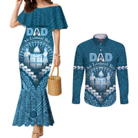 Personalised Fiji Happy Father's Day Couples Matching Mermaid Dress and Long Sleeve Button Shirt Au Lomani Iko Dad Polynesian Tribal LT05 Blue - Polynesian Pride
