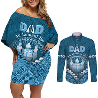 Personalised Fiji Happy Father's Day Couples Matching Off Shoulder Short Dress and Long Sleeve Button Shirt Au Lomani Iko Dad Polynesian Tribal LT05 Blue - Polynesian Pride