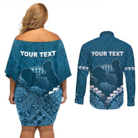 Personalised Fiji Happy Father's Day Couples Matching Off Shoulder Short Dress and Long Sleeve Button Shirt Au Lomani Iko Dad Polynesian Tribal LT05 - Polynesian Pride