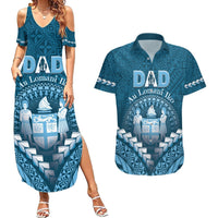 Personalised Fiji Happy Father's Day Couples Matching Summer Maxi Dress and Hawaiian Shirt Au Lomani Iko Dad Polynesian Tribal LT05 Blue - Polynesian Pride