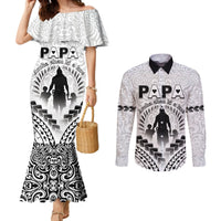 Personalised New Zealand Happy Father's Day Couples Matching Mermaid Dress and Long Sleeve Button Shirt Aroha Ahau Ki A Koe Papa Polynesian Tribal LT05 White - Polynesian Pride