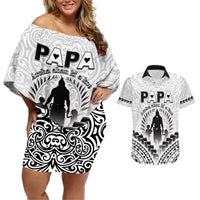 Personalised New Zealand Happy Father's Day Couples Matching Off Shoulder Short Dress and Hawaiian Shirt Aroha Ahau Ki A Koe Papa Polynesian Tribal LT05 White - Polynesian Pride