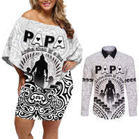 Personalised New Zealand Happy Father's Day Couples Matching Off Shoulder Short Dress and Long Sleeve Button Shirt Aroha Ahau Ki A Koe Papa Polynesian Tribal LT05 White - Polynesian Pride