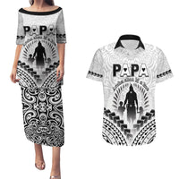 Personalised New Zealand Happy Father's Day Couples Matching Puletasi and Hawaiian Shirt Aroha Ahau Ki A Koe Papa Polynesian Tribal LT05 White - Polynesian Pride