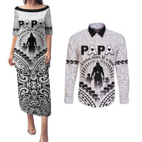 Personalised New Zealand Happy Father's Day Couples Matching Puletasi and Long Sleeve Button Shirt Aroha Ahau Ki A Koe Papa Polynesian Tribal LT05 White - Polynesian Pride