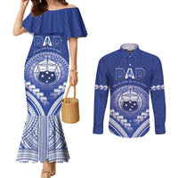 Personalised Samoa Happy Father's Day Couples Matching Mermaid Dress and Long Sleeve Button Shirt Ou Te Alofa Ia Te Oe Tama Dad Polynesian Tribal LT05 Blue - Polynesian Pride