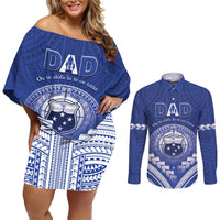 Personalised Samoa Happy Father's Day Couples Matching Off Shoulder Short Dress and Long Sleeve Button Shirt Ou Te Alofa Ia Te Oe Tama Dad Polynesian Tribal LT05 Blue - Polynesian Pride