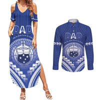 Personalised Samoa Happy Father's Day Couples Matching Summer Maxi Dress and Long Sleeve Button Shirt Ou Te Alofa Ia Te Oe Tama Dad Polynesian Tribal LT05 Blue - Polynesian Pride