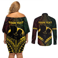 Personalised Vanuatu Happy Father's Day Couples Matching Off Shoulder Short Dress and Long Sleeve Button Shirt Mi Lavem Yu Papa Polynesian Tribal LT05 - Polynesian Pride