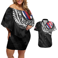Hawaii Flag Day Couples Matching Off Shoulder Short Dress and Hawaiian Shirt Hawaiian Maile Lei