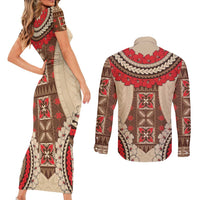 Samoa Language Week Couples Matching Short Sleeve Bodycon Dress and Long Sleeve Button Shirt Samoan Motif With Red Hibiscus