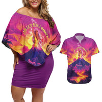 Hawaii Kilauea Volcano Couples Matching Off Shoulder Short Dress and Hawaiian Shirt There Is Pele Goddess Of The Volcano LT05 Purple - Polynesian Pride