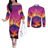 Hawaii Kilauea Volcano Couples Matching Off The Shoulder Long Sleeve Dress and Long Sleeve Button Shirt There Is Pele Goddess Of The Volcano LT05 Purple - Polynesian Pride