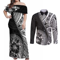 Hibiscus With Black Austronesian Tattoo Pattern Couples Matching Off Shoulder Maxi Dress and Long Sleeve Button Shirt - Polynesian Pride