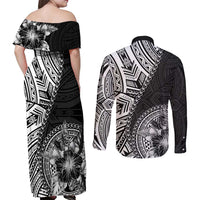 Hibiscus With Black Austronesian Tattoo Pattern Couples Matching Off Shoulder Maxi Dress and Long Sleeve Button Shirt - Polynesian Pride