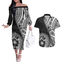 Hibiscus With Black Austronesian Tattoo Pattern Couples Matching Off The Shoulder Long Sleeve Dress and Hawaiian Shirt - Polynesian Pride