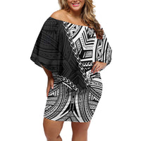 Hibiscus With Black Austronesian Tattoo Pattern Off Shoulder Short Dress - Polynesian Pride