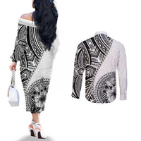 Hibiscus With White Austronesian Tattoo Pattern Couples Matching Off The Shoulder Long Sleeve Dress and Long Sleeve Button Shirt - Polynesian Pride