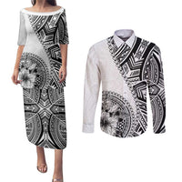 Hibiscus With White Austronesian Tattoo Pattern Couples Matching Puletasi and Long Sleeve Button Shirt - Polynesian Pride