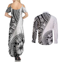 Hibiscus With White Austronesian Tattoo Pattern Couples Matching Summer Maxi Dress and Long Sleeve Button Shirt - Polynesian Pride