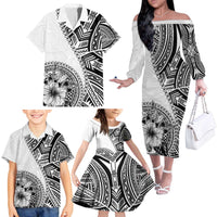 Hibiscus With White Austronesian Tattoo Pattern Family Matching Off The Shoulder Long Sleeve Dress and Hawaiian Shirt - Polynesian Pride
